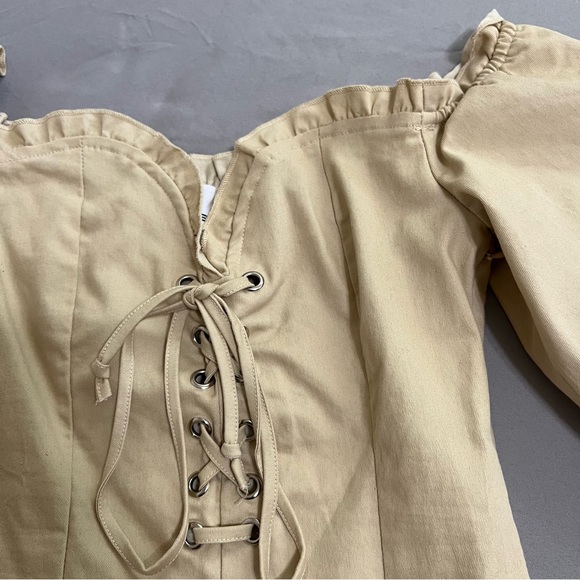 Better Be beige cream Puff Sleeve lace up mini Dress size S - Picture 4 of 15